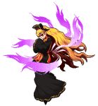 1girl black_dress blonde_hair chinese_clothes dress full_body hat junko_(touhou) legacy_of_lunatic_kingdom long_hair looking_at_viewer lowres multiple_tails orange_hair pixel_art polos_crown red_eyes simple_background smile solo tabard tail takorin touhou wide_sleeves 
