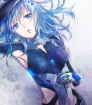  1girl armpits beatless blue_eyes blue_hair bodysuit breasts floating_hair hair_between_eyes leicia long_hair looking_at_viewer parted_lips small_breasts solo upper_body yoma 
