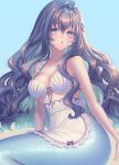  1girl apron bangs bare_arms bare_shoulders big_hair blue_background blue_eyes blush braid breasts commentary_request grey_hair large_breasts long_hair looking_at_viewer maid mermaid monster_girl original parted_lips sakura_shiho shell shell_bikini signature sitting solo waist_apron white_apron 
