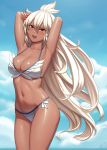  1girl :d ahoge armpits arms_up bikini blue_sky blush breasts cleavage clouds dark_skin day flower granblue_fantasy hair_between_eyes hair_flower hair_ornament highres large_breasts long_hair looking_at_viewer lvl_(sentrythe2310) navel open_mouth outdoors red_eyes sky smile solo stomach swimsuit very_long_hair white_bikini white_hair zooey_(granblue_fantasy) 