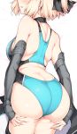  1girl back bare_shoulders black_choker black_ribbon blonde_hair blue_swimsuit blush breasts choker cowboy_shot dakimakura deep_skin elbow_gloves fate/grand_order fate_(series) from_behind gloves hair_ribbon harukon_(halcon) head_out_of_frame large_breasts legs_together lying okita_souji_(fate) okita_souji_(fate)_(all) on_stomach one-piece_swimsuit parted_lips ribbon short_hair smile solo swimsuit 