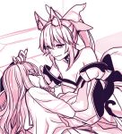  2girls animal_ears bangs bare_shoulders bow breasts cleavage detached_sleeves fate/extra fate_(series) fox_ears hair_bow hooreng kishinami_hakuno_(female) long_hair long_sleeves looking_at_another monochrome multiple_girls sketch sleeping smile tamamo_(fate)_(all) tamamo_no_mae_(fate) upper_body yuri 