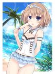  1girl bare_shoulders beach bikini blanc blue_eyes blush breasts brown_hair cleavage_cutout cross-laced_clothes eyebrows_visible_through_hair food frilled_bikini frills headband highres kazuneko_(wktk1024) neptune_(series) open_mouth popsicle shiny shiny_skin small_breasts swimsuit 