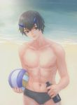  1boy ball bangs black_hair blue_eyes blue_horn blue_horns bottle collarbone commentary darling_in_the_franxx highres hiro_(darling_in_the_franxx) holding holding_ball holding_bottle horns male_focus male_swimwear navel ocean oni_horns sand shirtless short_hair solo swim_briefs swimwear water wiidstep 