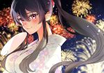  1girl black_hair blush breasts fan fireworks hair_between_eyes highres irokiiro japanese_clothes kantai_collection kimono large_breasts long_hair looking_at_viewer night night_sky ponytail red_eyes sky smile solo twitter_username very_long_hair yahagi_(kantai_collection) 