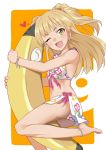  1girl :d anklet banana_boat bangs bare_arms bare_legs bare_shoulders barefoot bikini blonde_hair bow bracelet commentary_request cosplay eyebrows_visible_through_hair fang flower_bikini from_side green_eyes half_updo heart idolmaster idolmaster_cinderella_girls jewelry jougasaki_rika natalia_(idolmaster) natalia_(idolmaster)_(cosplay) one_eye_closed open_mouth orange_background simple_background smile solo swimsuit swimwear twintails youhei_(testament) 
