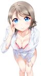  1girl artist_name blue_eyes bra breasts cleavage commentary eyebrows_visible_through_hair grey_hair highres large_breasts long_sleeves looking_at_viewer love_live! love_live!_sunshine!! no_pants partially_unbuttoned red_bra salute shirt short_hair solo surfing_orange underwear watanabe_you watermark white_shirt 