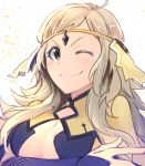  1girl ahoge blonde_hair breasts center_opening circlet cleavage closed_mouth fire_emblem fire_emblem_if grey_eyes highres long_hair medium_breasts nakabayashi_zun one_eye_closed ophelia_(fire_emblem_if) simple_background smile solo white_background 