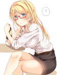  1girl ? ayase_eli belt bespectacled black_skirt blue_eyes blush bottle breasts collared_shirt commentary_request elbows_on_table eyebrows_visible_through_hair glasses hair_between_eyes hair_down holding holding_bottle legs_crossed light_frown long_hair long_sleeves looking_at_viewer love_live! love_live!_school_idol_project medium_breasts mogu_(au1127) pencil_skirt red-framed_eyewear shirt sitting skirt sleeves_rolled_up solo spoken_question_mark striped striped_shirt sweatdrop vertical-striped_shirt vertical_stripes white_background white_shirt 