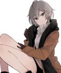  1girl ahoge anastasia_(idolmaster) bangs bare_legs black_scarf brown_gloves brown_jacket earrings eyebrows_visible_through_hair feet_out_of_frame gloves green_eyes grey_sweater hair_between_eyes highres idolmaster idolmaster_cinderella_girls jacket jewelry long_sleeves looking_at_viewer monsieur scarf short_hair silver_hair simple_background smile solo sweater white_background 