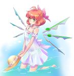 1girl ahoge bow commentary dress floating floating_object freckles green_eyes hair_bow hat highres iesupa orange_hair penny_polendina rwby see-through soaking_feet solo sun_hat sundress sword water weapon 
