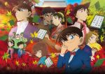  5boys 5girls absurdres adjusting_eyewear black_jacket blue_eyes blue_hakama blue_jacket blue_kimono blue_sky bow bowtie brown_hair card checkered checkered_kimono dark_skin day dress_shirt earrings edogawa_conan fan floral_print green_hakama green_kimono haibara_ai hair_ribbon hairband hakama hattori_heiji highres holding holding_card holding_fan index_finger_raised jacket japanese_clothes jewelry key_visual kimono kojima_genta kudou_shin&#039;ichi leaf long_hair looking_at_viewer looking_back looking_up maple_leaf meitantei_conan mouri_ran multiple_boys multiple_girls official_art oooka_momiji open_clothes open_jacket outdoors over-rim_eyewear pink_kimono pink_shirt ponytail print_kimono red_bow red_kimono ribbon semi-rimless_eyewear shirt short_hair sky smile tooyama_kazuha tree tsuburaya_mitsuhiko violet_eyes white_cardigan white_hairband white_shirt yellow_ribbon yoshida_ayumi 