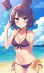  1girl bangs bare_arms bare_shoulders beach bikini blue_sky blush breasts checkered cleavage closed_mouth clouds cloudy_sky collarbone commentary_request day eyebrows_visible_through_hair fate/grand_order fate_(series) food front-tie_bikini front-tie_top groin hair_bun hair_ornament hand_up highres holding holding_food horizon katsushika_hokusai_(fate/grand_order) medium_breasts melting navel ocean octopus outdoors popsicle purple_bikini purple_hair sand side-tie_bikini sky solo standing sweatdrop swimsuit violet_eyes wagashi928 water 