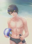  1boy ball bangs black_hair blue_eyes blue_horns bottle collarbone commentary darling_in_the_franxx highres hiro_(darling_in_the_franxx) holding holding_ball holding_bottle horns male_focus male_swimwear navel ocean oni_horns sand shirtless short_hair solo swim_briefs swimwear water wiidstep 