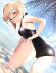 1girl ahoge alternate_costume artoria_pendragon_(all) ass bare_shoulders bent_over black-framed_eyewear black_swimsuit blonde_hair braid commentary_request eyebrows_visible_through_hair fate/grand_order fate_(series) french_braid from_behind hair_between_eyes highres long_hair looking_at_viewer maosame mysterious_heroine_x_(alter) one-piece_swimsuit outdoors palm_leaf partially_submerged semi-rimless_eyewear swimsuit thighs under-rim_eyewear water yellow_eyes 
