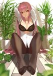  1girl arms_up black_bra black_legwear black_panties blurry blurry_foreground bra breasts cleavage crotch_seam depth_of_field eyebrows_visible_through_hair fate/grand_order fate_(series) foreshortening highres indoors large_breasts long_hair looking_at_viewer navel open_clothes open_shirt panties panties_under_pantyhose pantyhose parted_lips partially_unbuttoned plant purple_hair red_eyes scathach_(fate/grand_order) sidelocks sitting solo throtem toes underwear underwear_only very_long_hair 