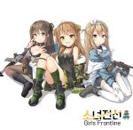  3girls :d :o ahoge assault_rifle asymmetrical_legwear bangs bare_shoulders belt black_dress black_footwear black_gloves blonde_hair blue_coat blue_eyes blush boots bow breasts brown_eyes brown_hair buckle camouflage_jacket choker cleavage coat collarbone collared_coat copyright_name cross-laced_footwear daewoo_k2 dog_tags double_bun dress drum_magazine eyebrows_visible_through_hair fingerless_gloves fishnet_legwear fishnets frown fur-trimmed_jacket fur_trim girl_sandwich girls_frontline gloves green_eyes green_legwear grey_footwear gun hair_between_eyes hair_bow hair_ornament hairband hairclip handheld_game_console highres holding_handheld_game_console horizontal-striped_legwear jacket k-2_(girls_frontline) knee_boots knees_up lace-up_boots large_breasts long_hair looking_at_viewer medium_breasts military military_uniform multiple_girls navel off_shoulder ohshit open_mouth panties pantyhose rfb_(girls_frontline) rifle sandwiched scratching_cheek shirt short_dress sidelocks simple_background sitting skirt smile snowflake_hair_ornament striped striped_legwear submachine_gun suomi_kp/-31 suomi_kp31_(girls_frontline) thigh-highs thigh_strap thighs underwear uniform vertical-striped_legwear vertical_stripes wariza weapon white_background white_legwear 