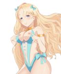  1girl absurdres alternate_costume armlet armpits ass azur_lane bangs bare_shoulders blonde_hair blue_bow blue_eyes blue_swimsuit bow bow_swimsuit breasts choker cleavage closed_mouth emile_bertin_(azur_lane) eyebrows_visible_through_hair groin hair_between_eyes hair_bow hair_ornament half-closed_eyes hands_on_own_breasts highres long-hair long_hair looking_at_viewer medium_breasts navel one-piece_swimsuit sidelocks simple_background skindentation smile solo sparkling_eyes stomach swimsuit tastysalt thighs very_long_hair wavy_hait white_background 