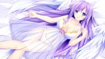  1girl :d bare_shoulders blue_eyes blush breasts cleavage collarbone commentary_request dress feathered_wings highres hips kludea long_hair looking_at_viewer lying medium_breasts navel neptune_(series) on_back open_mouth power_symbol purple_hair purple_heart see-through smile solo symbol-shaped_pupils thigh_gap very_long_hair white_dress wings 