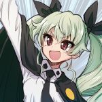  1girl :d anchovy anzio_school_uniform arm_up bangs black_cape black_neckwear cape commentary_request dress_shirt drill_hair emblem emphasis_lines girls_und_panzer green_hair inumoto long_hair necktie open_mouth red_eyes school_uniform shirt smile solo twin_drills twintails upper_body v-shaped_eyebrows white_shirt 