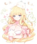  1girl arms_under_breasts bangs blonde_hair blunt_bangs blush bow breast_hold breasts cleavage closed_mouth commentary_request copyright_request creature crossed_arms dress eyebrows_visible_through_hair hair_flaps head_tilt kurokuma_(kuro_kumagaya) large_breasts long_hair looking_at_viewer on_head pink_bow pink_dress puffy_short_sleeves puffy_sleeves short_sleeves simple_background smile solo translated upper_body very_long_hair white_background wrist_cuffs 