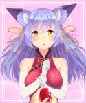  1girl absurdres animal_ears blush box breasts cat_ears china_dress chinese_clothes confession dress gloves highres jewelry kkommy large_breasts long_hair looking_at_viewer open_mouth original pink_background purple_hair ribbon ring solo_focus teeth upper_body wedding_ring white_gloves yellow_eyes 
