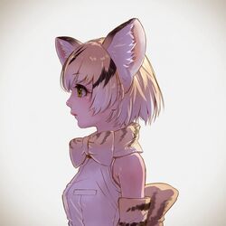  1girl animal_ears animal_print bangs black_hair blonde_hair bow bowtie breasts cat_ears extra_ears eyebrows_visible_through_hair eyelashes from_side gradient_hair henohenomomiji highres kemono_friends lips multicolored_hair nose profile sand_cat_(kemono_friends) sand_cat_print shirt sleeveless sleeveless_shirt small_breasts solo upper_body white_hair white_shirt yellow_eyes 