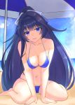  1girl arm_support bangs beach benghuai_xueyuan bikini blue_bikini blue_bow blue_eyes blue_hair blue_sky bow breasts cleavage collarbone day eyebrows_visible_through_hair full_body grey_bow hair_bow head_tilt high_ponytail highres kneeling long_hair looking_at_viewer m_kong medium_breasts navel ocean open_mouth outdoors parasol shiny shiny_hair sideboob sketch sky solo swimsuit umbrella very_long_hair 