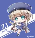  1girl :o androgynous ankle_boots aqua_eyes asimo953 bangs bare_legs blue_background blue_dress blue_hat blue_sailor_collar blush boots cannon character_name chibi clothes_writing colored_eyelashes commentary_request double_vertical_stripe dress eyebrows_visible_through_hair full_body hat highres kantai_collection leg_up light_brown_hair long_sleeves looking_at_viewer microdress open_mouth outline rigging sailor_collar sailor_dress sailor_hat short_hair simple_background solo standing standing_on_one_leg turret twitter_username white_outline white_pupils wide_sleeves z1_leberecht_maass_(kantai_collection) 