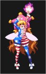  1girl alternate_costume american_flag american_flag_dress american_flag_legwear clownpiece dress fairy_wings frilled_shirt_collar frills hat horizontal-striped_dress horizontal-striped_legwear horizontal_stripes jester_cap legacy_of_lunatic_kingdom long_hair lowres neck_ruff pixel_art print_legwear short_dress simple_background solo standing star star_print striped striped_legwear takorin torch touhou v wings 