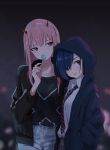  2girls absurdres black_jacket black_shirt blue_jacket blue_shorts brown_eyes brown_skirt candy collarbone darling_in_the_franxx food grey_hairband grey_pants hairband hand_in_pocket hasisisissy head_tilt highres hood hooded_jacket horns ichigo_(darling_in_the_franxx) jacket lollipop long_hair looking_to_the_side multiple_girls necktie night open_clothes open_jacket outdoors pants parted_lips pink_hair pleated_skirt shirt short_hair shorts skirt striped_neckwear white_shirt zero_two_(darling_in_the_franxx) 