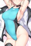  1girl armpits bare_shoulders black_choker black_legwear blonde_hair blue_swimsuit blush breasts choker closed_mouth contrapposto cowboy_shot dakimakura elbow_gloves facing_viewer fate/grand_order fate_(series) gloves hands_up harukon_(halcon) head_out_of_frame jacket jacket_removed large_breasts legs_together lying okita_souji_(fate) okita_souji_(fate)_(all) one-piece_swimsuit short_hair sideboob smile solo swimsuit thigh-highs white_jacket 