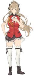  1girl ahoge amagi_brilliant_park bangs black_ribbon black_skirt boots brown_eyes brown_footwear frilled_skirt frills full_body gluteal_fold hair_ribbon hand_on_hip hand_on_own_chest iwauchi_tomoki jacket light_blush light_brown_hair long_hair looking_at_viewer panties pantyshot pantyshot_(standing) parted_lips pink_panties pleated_skirt red_jacket ribbon sento_isuzu skirt skirt_lift sleeveless solo standing thigh-highs underwear white_legwear wind wind_lift 