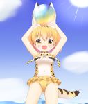 1girl :d adapted_costume animal_ears arms_up ball bare_arms bare_shoulders beachball blonde_hair blue_sky blush breasts casual_one-piece_swimsuit clouds covered_navel cowboy_shot day extra_ears eyebrows_visible_through_hair highres holding holding_ball kemono_friends looking_at_viewer medium_breasts ocean one-piece_swimsuit open_mouth outdoors serval_(kemono_friends) serval_ears serval_print serval_tail shin01571 sky smile solo standing sun sunlight swimsuit tail transparent 