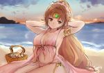  1girl arms_behind_head artist_name basket brown_eyes brown_hair circlet closed_mouth clouds fire_emblem fire_emblem:_mystery_of_the_emblem fire_emblem_heroes ippers linda_(fire_emblem) long_hair midriff navel pink_swimsuit ponytail sitting sky solo swimsuit water 