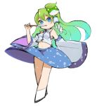 1girl blue_eyes detached_sleeves frog_hair_ornament gohei green_hair hair_ornament kochiya_sanae long_hair looking_at_viewer mota navel simple_background skirt snake_hair_ornament solo stomach symbol_commentary touhou white_background wide_sleeves