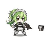  1girl :d animated apron bangs black_footwear blush breasts bucket character_name clothes_writing collarbone dress floating_hair frills full_body girls_frontline green_hair grey_legwear gun hair_between_eyes handgun high_heels holding holding_gun holding_weapon long_hair lowres m950a m950a_(girls_frontline) maid medium_breasts mop open_mouth pistol pouch puffy_sleeves shoulder_cutout sidelocks single_knee_pad skirt smile solo spinning_mop standing standing_on_one_leg tossing trigger_discipline twintails wavy_hair weapon wind yellow_eyes zagala 