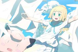  1girl absurdres blonde_hair blue_sailor_collar blue_sky clefairy clouds day fukui gen_1_pokemon gen_3_pokemon green_eyes highres lillie_(pokemon) long_hair open_mouth outstretched_arms pokemon pokemon_(creature) pokemon_(game) pokemon_sm ponytail sailor_collar shirt short_sleeves skirt sky spread_arms white_shirt white_skirt wingull 