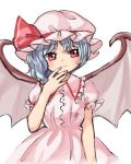  1girl bangs blue_hair blush closed_mouth commentary_request dress fingernails hand_up hat highres mob_cap pink_dress pink_hat puffy_short_sleeves puffy_sleeves red_eyes remilia_scarlet sasa_kichi short_hair short_sleeves simple_background smile solo touhou upper_body white_background wings 