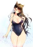  1girl animal_ears atago_(azur_lane) azur_lane bangs black_hair blush bow bracelet breasts covered_navel extra_ears eyebrows_visible_through_hair jewelry large_breasts long_hair looking_at_viewer mole mole_under_eye one-piece_swimsuit ribbon solo swept_bangs swimsuit tp_(kido_94) white_bow white_ribbon 
