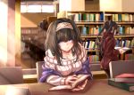  1boy 2girls book breasts chair cleavage commentary_request highres idolmaster idolmaster_cinderella_girls jewelry large_breasts library light_rays looking_at_viewer multiple_girls necklace off-shoulder_sweater open_book ribbed_sweater sagisawa_fumika shawl sitting standing sunbeam sunlight sweater table tdnd-96 