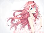  1girl candy collarbone darling_in_the_franxx dress floating_hair food from_side fu_xiao green_eyes grey_background highres horns lollipop long_hair looking_at_viewer pink_hair shiny shiny_hair sleeveless sleeveless_dress solo upper_body very_long_hair white_dress zero_two_(darling_in_the_franxx) 