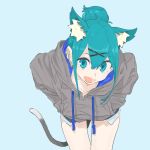  1girl :d animal_ears aqua_eyes aqua_hair bangs blue_background cat_ears cat_tail commentary_request drawstring earrings eir_(machi) eyebrows_visible_through_hair grey_hoodie hair_bun hair_ornament hands_in_pockets highres hood hood_down jewelry leaning_forward long_sleeves looking_at_viewer machi_(wm) open_mouth original pockets_visible short_shorts shorts sidelocks simple_background smile solo tail x_hair_ornament 