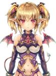  1girl bare_shoulders blonde_hair demon_girl demon_tail demon_wings earrings expressionless eyebrows_visible_through_hair jewelry midriff navel original pointy_ears red_eyes samoore solo tail twintails white_background wings 