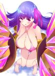  1girl amami_amayu bangs bare_legs bare_shoulders belt_collar bikini blush breasts claws cleavage collarbone commentary_request eyebrows_visible_through_hair fate/extra fate/extra_ccc fate/grand_order fate_(series) from_above full_body hair_ribbon highres huge_breasts long_hair looking_at_viewer o-ring o-ring_bikini o-ring_top open_mouth passion_lip pink_bikini pink_eyes purple_hair purple_ribbon revealing_clothes ribbon sideboob standing swimsuit thighs very_long_hair water wet wet_clothes 