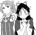  2girls ? abyssal_crane_hime apron blush closed_mouth collarbone commentary_request constricted_pupils eyebrows_visible_through_hair flying_sweatdrops greyscale hair_ribbon heart high_ponytail jitome kantai_collection katsuragi_(kantai_collection) long_hair looking_at_viewer maku-raku monochrome multiple_girls ribbon shirt short_sleeves simple_background spoken_question_mark sweat t-shirt twintails upper_body wavy_mouth white_background zuikaku_(kantai_collection) 