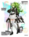  1girl :d apron bangs black_footwear blush breasts bucket character_name clothes_writing collarbone dress frills full_body girls_frontline green_hair grey_legwear gun hair_between_eyes hand_on_hip handgun head_tilt high_heels holding holding_gun holding_weapon long_hair looking_at_viewer m950a m950a_(girls_frontline) maid medium_breasts mop official_art open_mouth pistol pouch puffy_sleeves shoulder_cutout sidelocks single_knee_pad skirt smile solo standing standing_on_one_leg trigger_discipline twintails wavy_hair weapon yellow_eyes zagala 