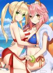  2girls ahoge animal_ears bead_bracelet beads bikini blonde_hair blue_bikini bracelet breast_press breasts cleavage criss-cross_halter day earrings fate/grand_order fate_(series) fox_ears fox_tail green_eyes hair_intakes halter_top halterneck jewelry large_breasts looking_at_viewer multiple_girls navel nero_claudius_(fate)_(all) nero_claudius_(swimsuit_caster)_(fate) ocean outdoors pink_hair red_bikini side-tie_bikini sitting striped striped_bikini swimsuit symmetrical_docking tail tamamo_(fate)_(all) tamamo_no_mae_(swimsuit_lancer)_(fate) twintails yellow_eyes 