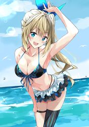  1girl :d absurdres arm_up armpits asymmetrical_legwear bent_over bikini black_bikini_top black_legwear blonde_hair blue_bow blue_eyes blue_ribbon blue_sky blush bow breasts cleavage collarbone day eyebrows_visible_through_hair floating_hair front-tie_bikini front-tie_top fujisaki_ribbon hair_between_eyes hair_bow hand_on_lap head_tilt highleg highleg_bikini highres layered_skirt long_hair looking_at_viewer medium_breasts miniskirt mirai_akari mirai_akari_project navel ocean open_mouth outdoors ribbon side_ponytail skirt sky smile solo standing striped striped_legwear swimsuit thigh-highs thigh_strap vertical-striped_legwear vertical_stripes very_long_hair virtual_youtuber 