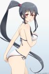  1girl ass bikini black_hair blush breasts eyebrows_visible_through_hair gradient gradient_background hair_between_eyes highres kantai_collection long_hair looking_at_viewer medium_hair nuka_(nvkka) open_mouth red_eyes swimsuit very_long_hair white_bikini yahagi_(kantai_collection) 